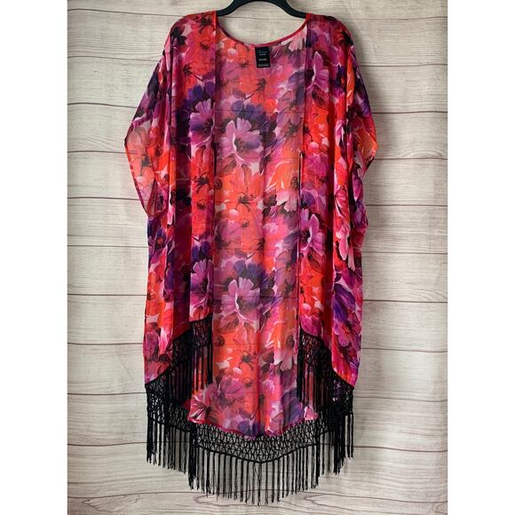Catalina Pink and Red Floral Swimsuit Cover Up Fringe Cardigan Kimono Size L - Picture 13 of 16
